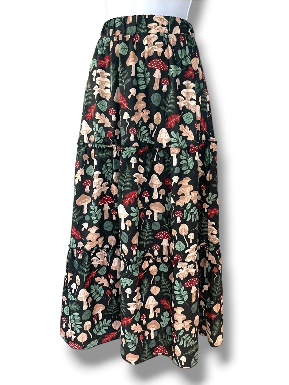 Mushroom Print Tiered Midi Skirt Woodland Cottagecore Fairycore Goblincore ROMWE